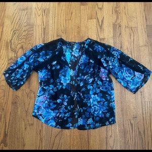 Express Black Blue Purple Floral Kimono Jacket S